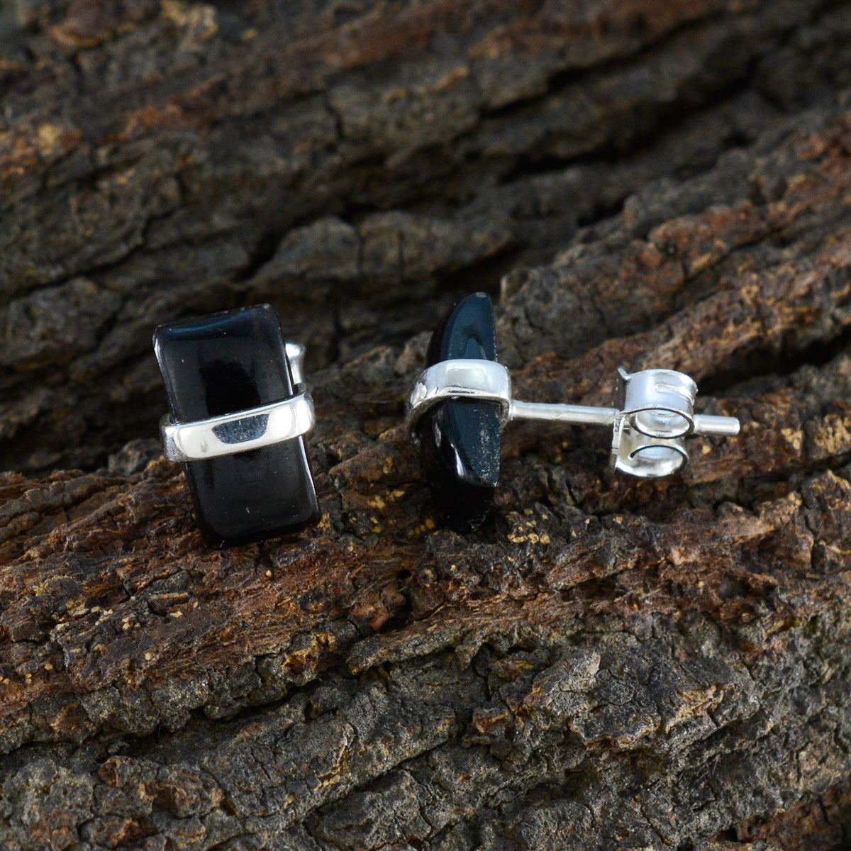 Schwarzer Onyx-Naher Osten-Grace-Solitär-Ohrstecker-Schwarz-925-Silber-Ohrring