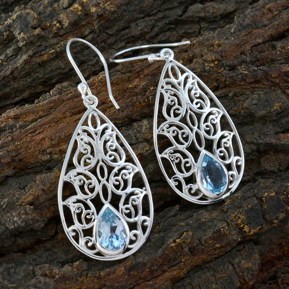 Blue-Topaz-Spanish-Lourdes-Solitaire-Dangle-Blue-Silver-Earring