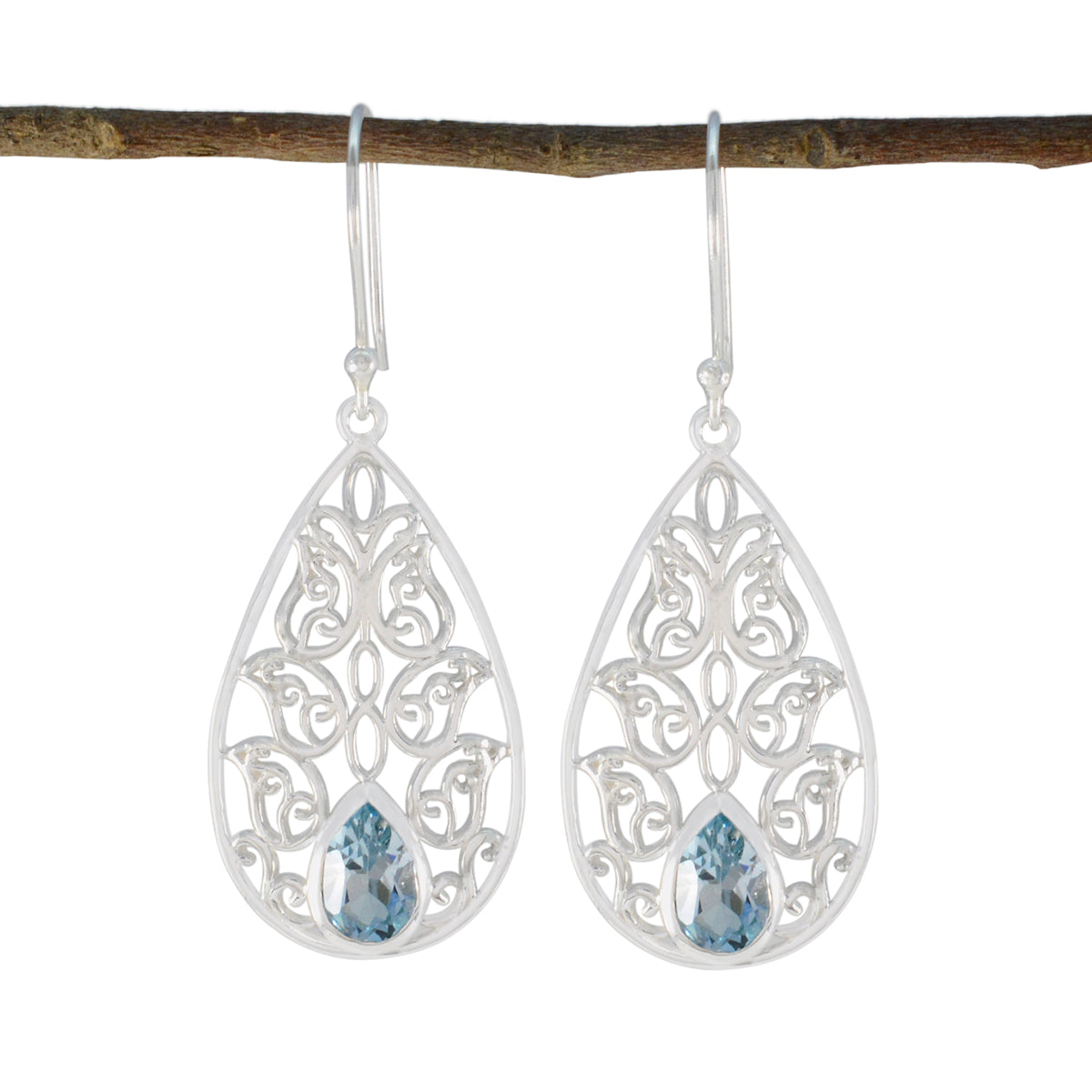 Blue-Topaz-Spanish-Lourdes-Solitaire-Dangle-Blue-Silver-Earring