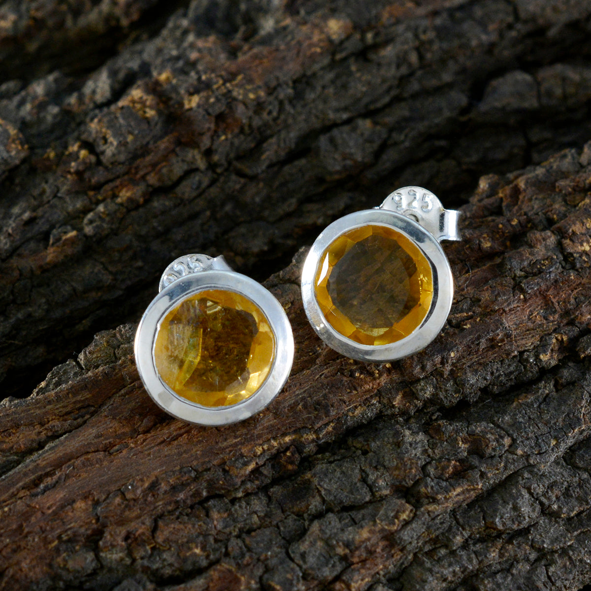 Citrine-Japanese-Wen-Solitaire-Stud-Yellow-Sterling-Silver-Earring