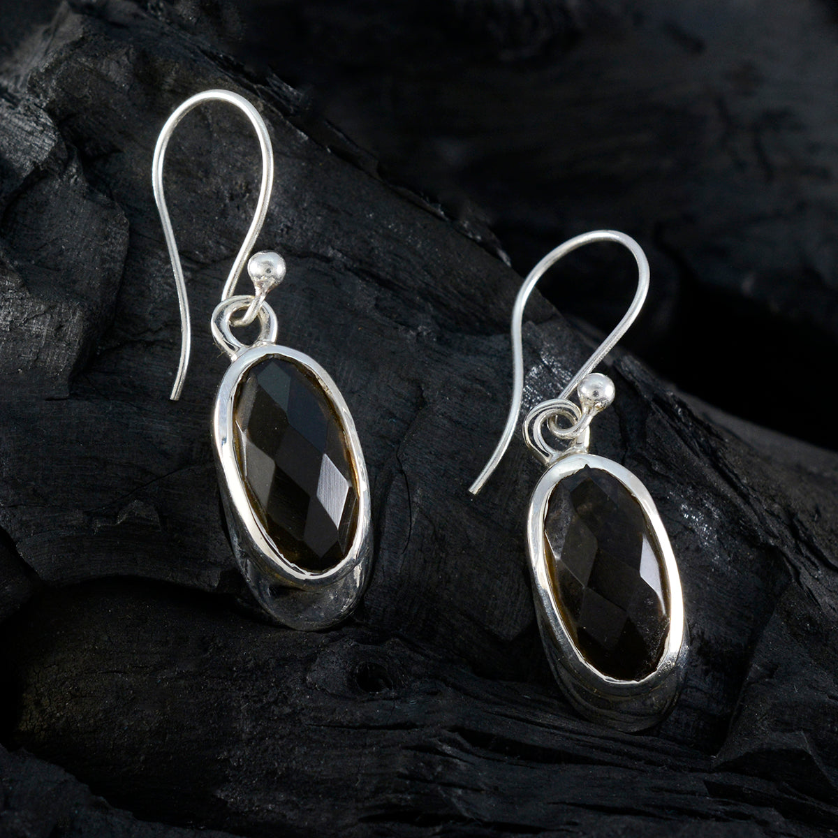 Rauchquarz-Naher Osten-Jia-Solitär-Ohrhänger-Braun-925-Silber