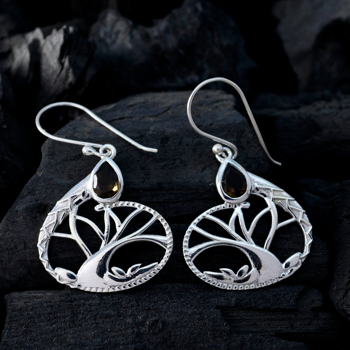 Rauchquarz-Naher Osten-Clara-Solitär-Ohrhänger-Braun-925-Silber