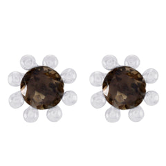Smoky-Quartz-Middle-Eastern-Isadora-Solitaire-Stud-Brown-Silver-Earring