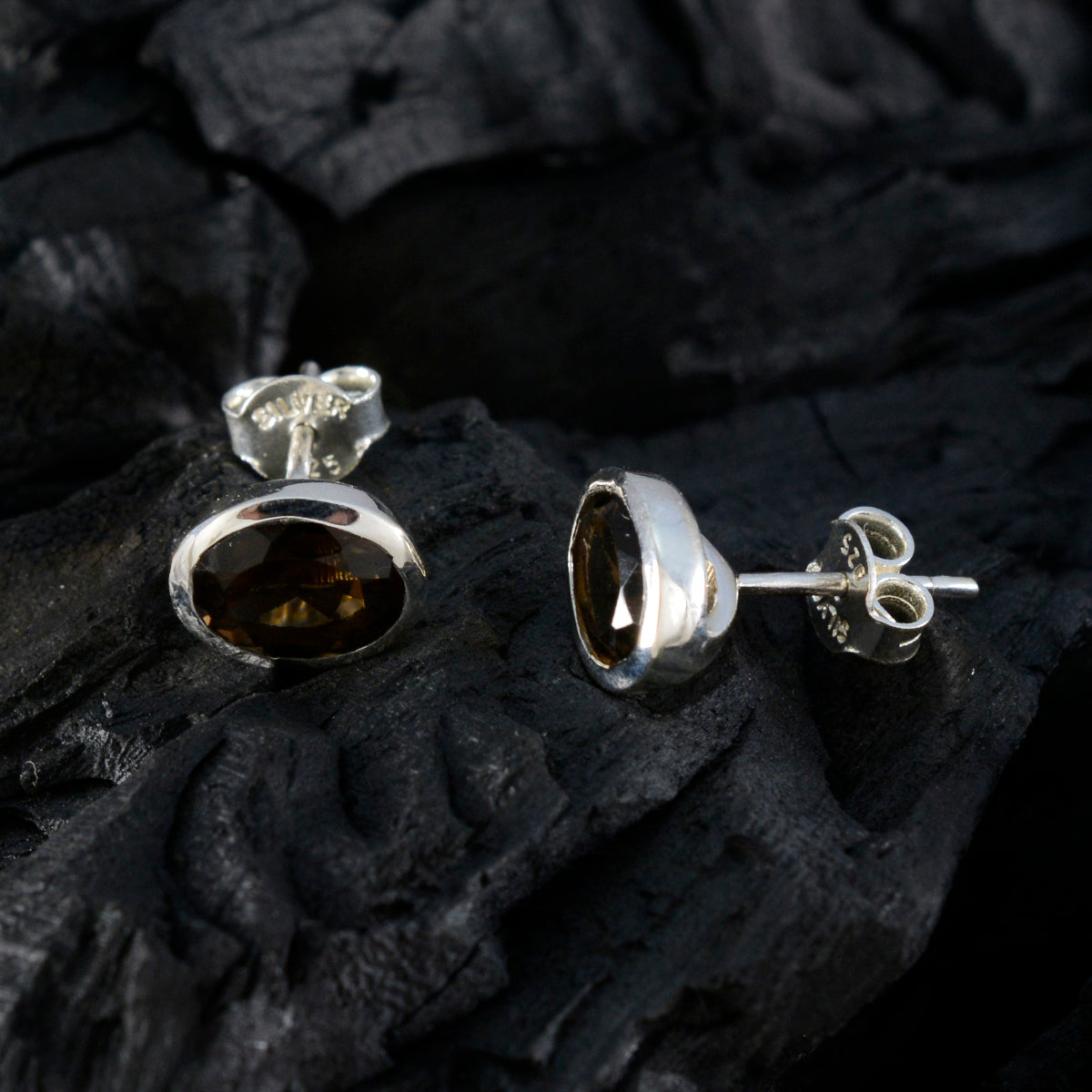 Smoky-Quartz-Russian-Nari-Solitaire-Stud-Brown-Sterling-Silver-Earring