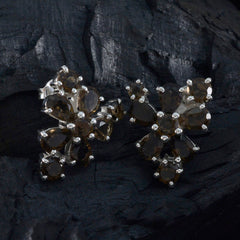 Smoky-Quartz-Japanese-Hazel-multiple-Stud-Brown-Silver-Earring