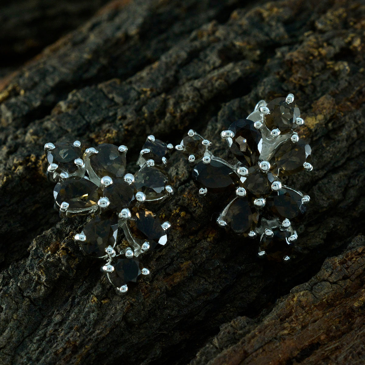 Smoky-Quartz-Japanese-Hazel-multiple-Stud-Brown-Silver-Earring