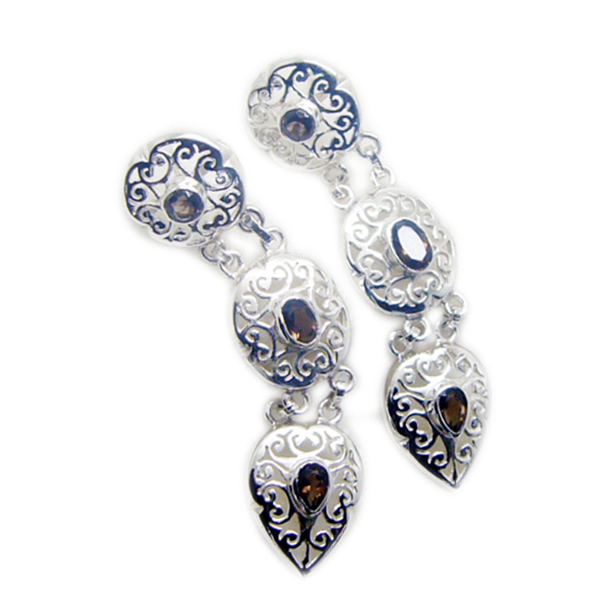 Smoky-Quartz-Russian-Giulia-multiple-Dangle-Brown-92.5-Silver-Earring