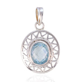 Blue Topaz Eye-catching French Silver Solitaire Blue Pendant