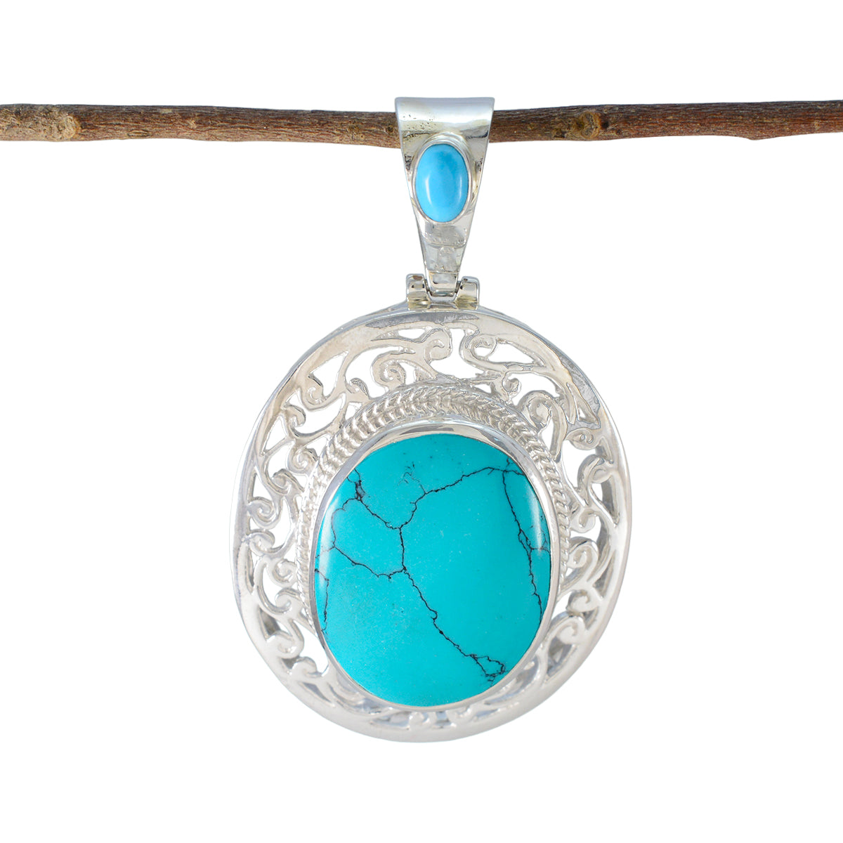 Turquoise Chunky French 925 Silver Solitaire Turquoise Pendant