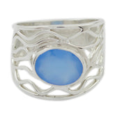 Blue Chalcedony Solitaire Italian 925 Sterling Silver Blue Gemstone Classic Rope Wire Ring Jewelry