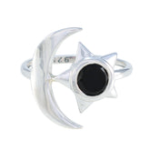 Black Onyx Solitaire German Silver Black Gemstone Slim Moon & Star Ring Jewelry