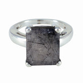 Rutile Quartz Solitaire Indian Silver Black Gems Classic Trendy Ring Jewelry