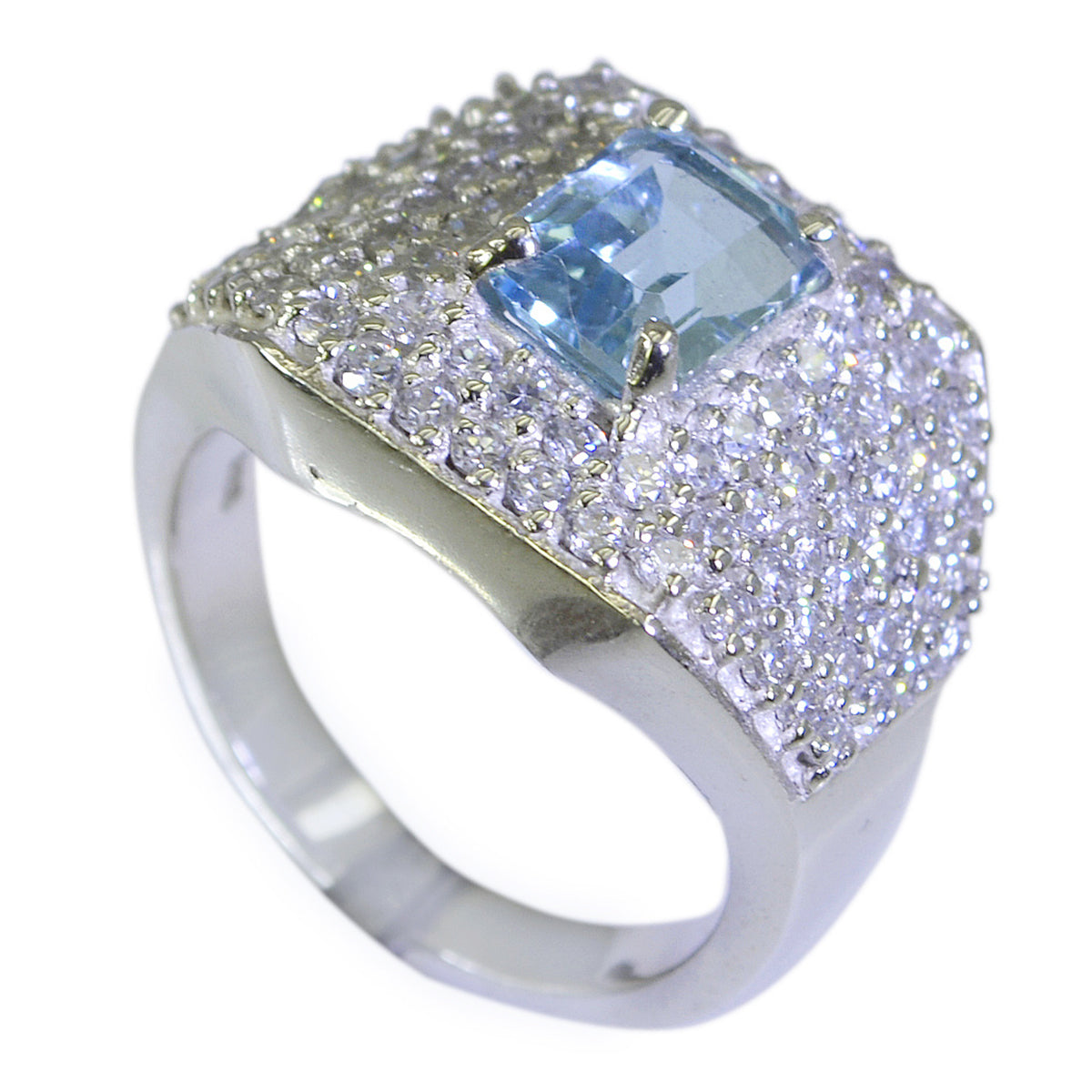 Blue Topaz Halo French Silver Blue Gemstone Edgy Modern Ring Jewellery