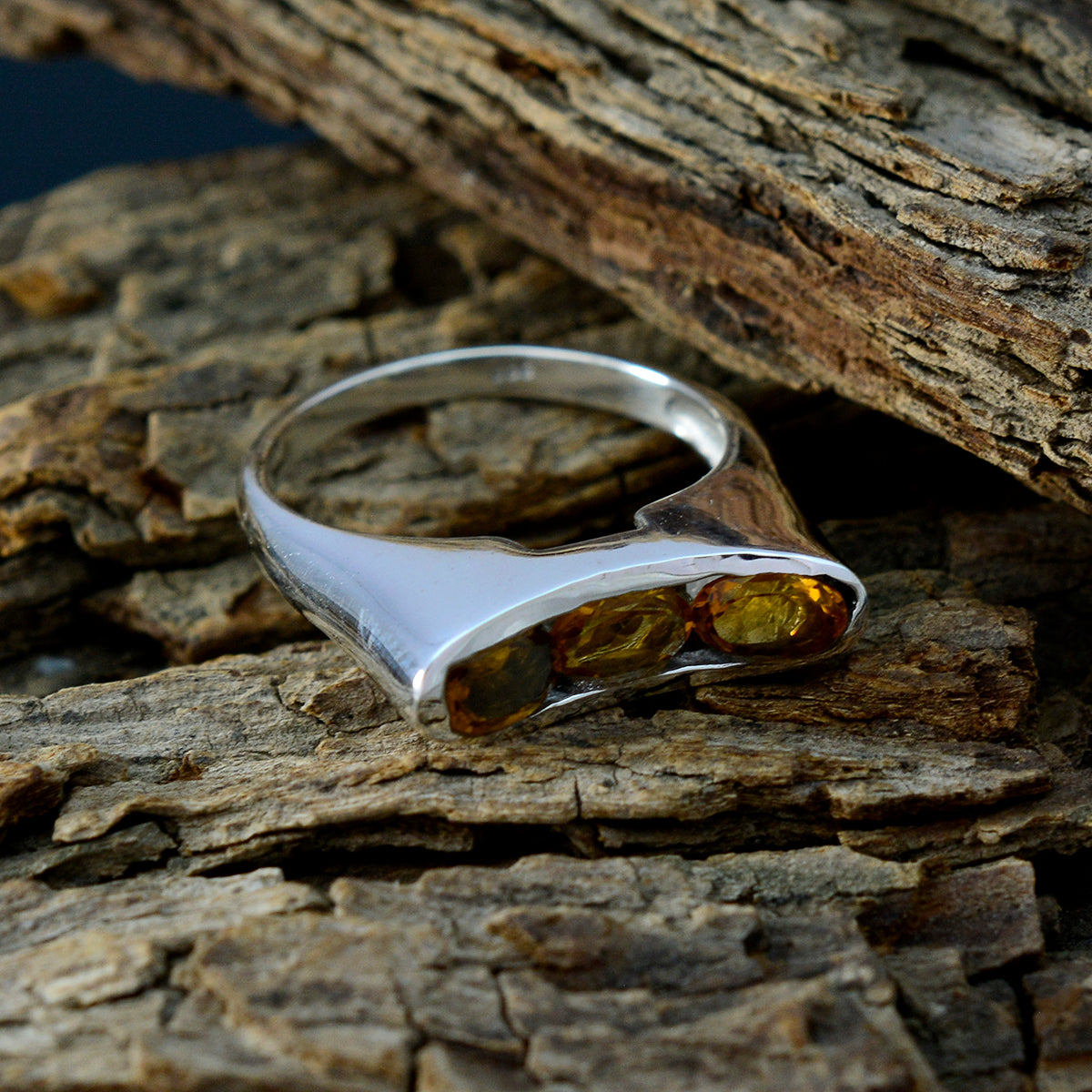 Citrine Trilogy Russian Silver Yellow Gemstone Tiny Modern Ring Jewellery