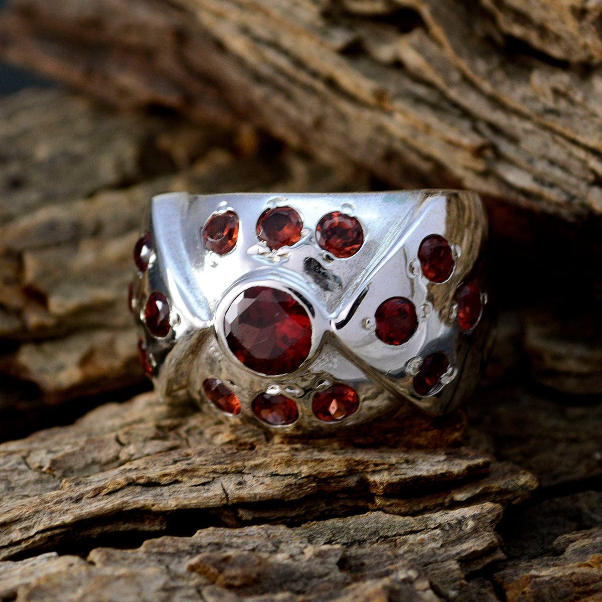 Garnet multiple German 925 Silver Red Gems Chunky Ethnic Ring Jewelry