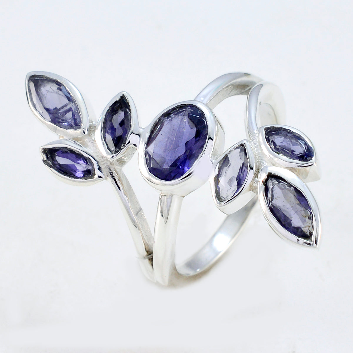 Iolite Hepta German 925 Silver Blue Gemstone Classic Leafy Ring Jewellery