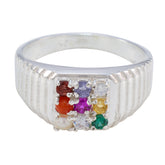 Multi Stone navratna Indian 925 Sterling Silver multicolor Gemstone Slim Heritage Ring Jewellery