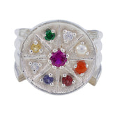 Multi Stone navratna German 925 Silver multicolor Gemstone Edgy Cocktail Ring Jewelry