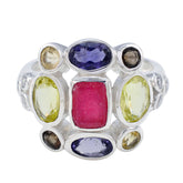 Multi Stone Navratna French 925 Silver multicolor Gemstones Classic Cocktail Ring Jewellery