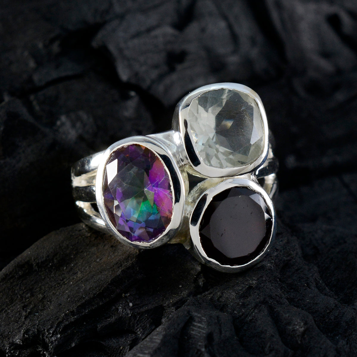 Multi Stone Trilogy Russian Silver multicolor Gemstones Eye catching Cocktail Ring Jewellery
