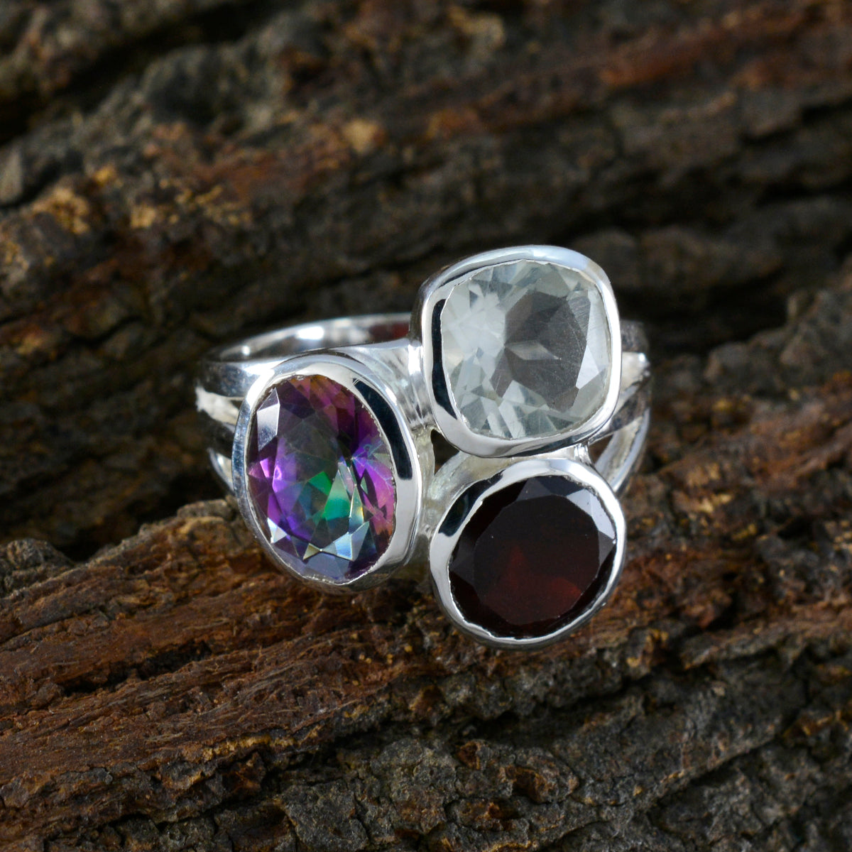 Multi Stone Trilogy Russian Silver multicolor Gemstones Eye catching Cocktail Ring Jewellery