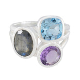 Multi Stone Trilogy French 92.5 Silver multicolor Gemstones Eye catching Cocktail Ring Jewelry