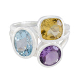 Multi Stone Trilogy Indian Silver multicolor Gemstone Eye catching Cocktail Ring Jewelry