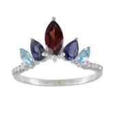 Multi Stone Penta Korean 925 Sterling Silver multicolor Gemstone Elegant crown Ring Jewelry