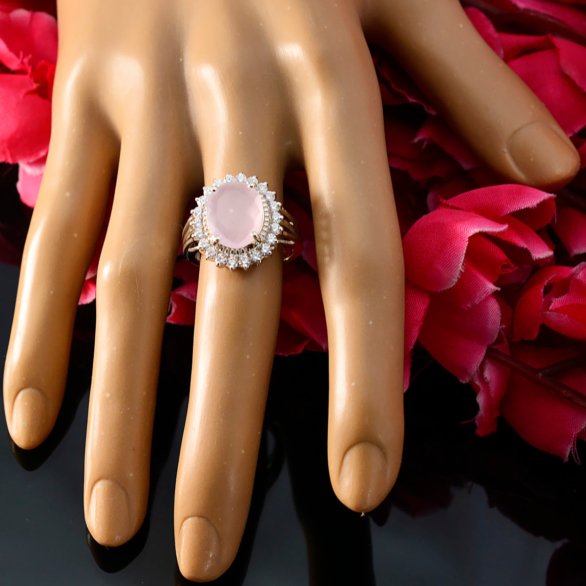 Rose Quartz Halo Moroccan 925 Silver Pink Gems Classic Signet Ring Jewellery