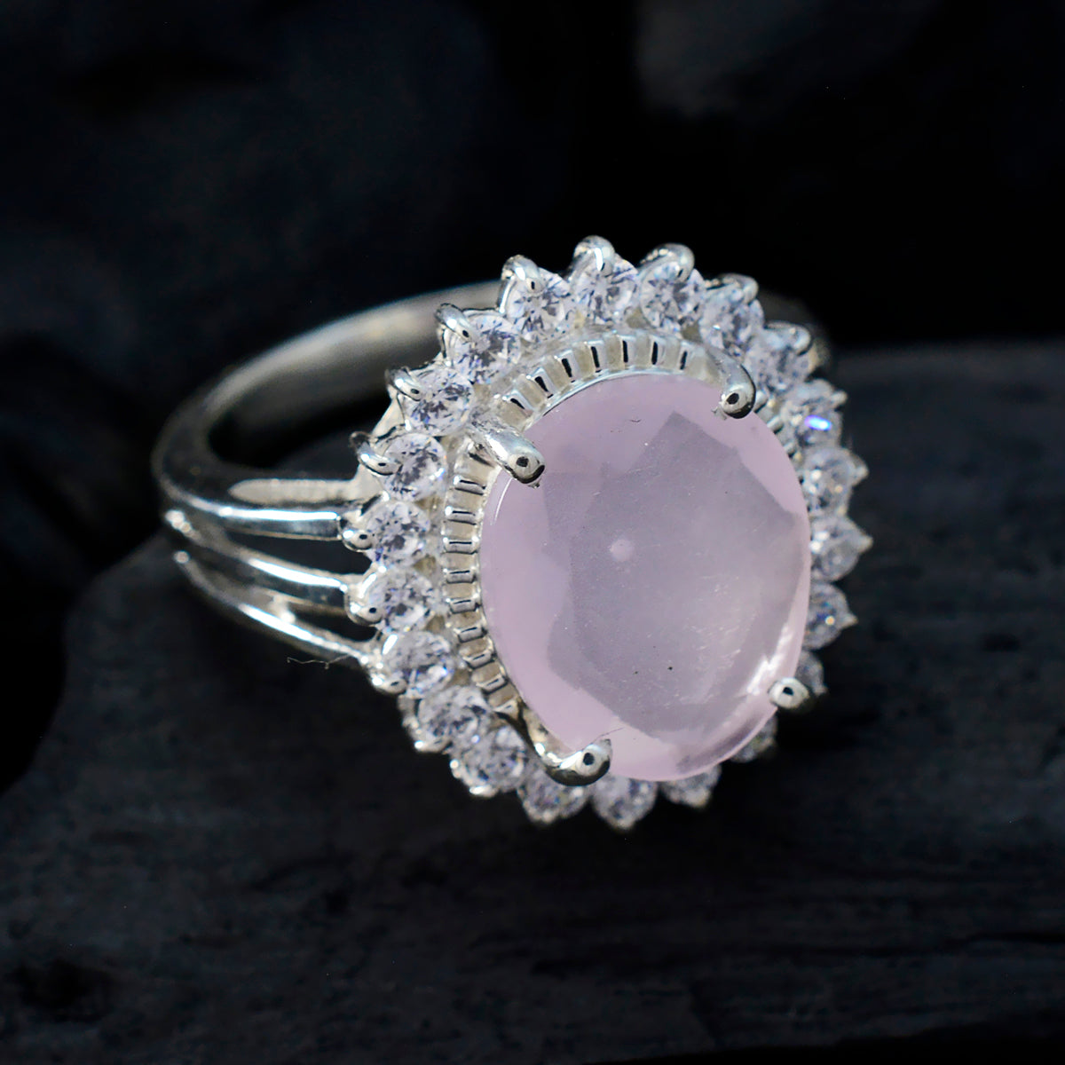Rose Quartz Halo Moroccan 925 Silver Pink Gems Classic Signet Ring Jewellery