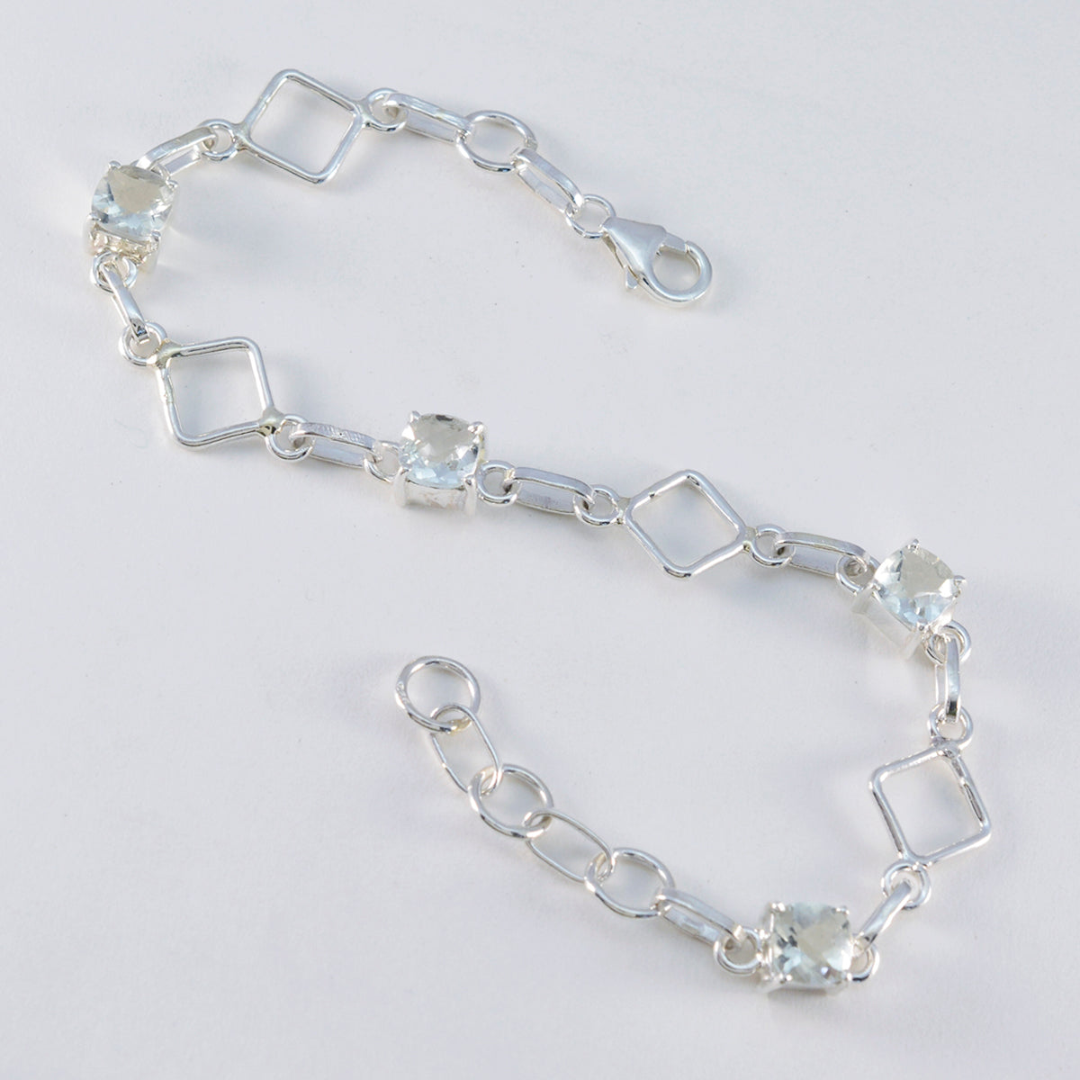 Green Amethyst Coffee Day Delicate Light Green Silver Links Bracelet featuring square links and shimmering gemstones