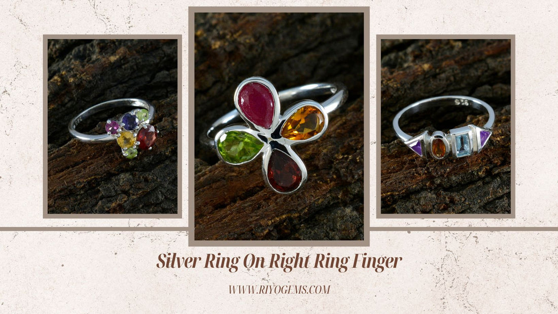 Close-up images of silver rings on right hand featuring colorful gemstones and unique designs