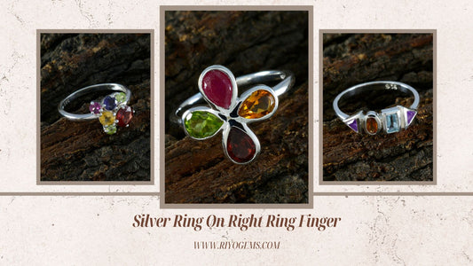 Close-up images of silver rings on right hand featuring colorful gemstones and unique designs