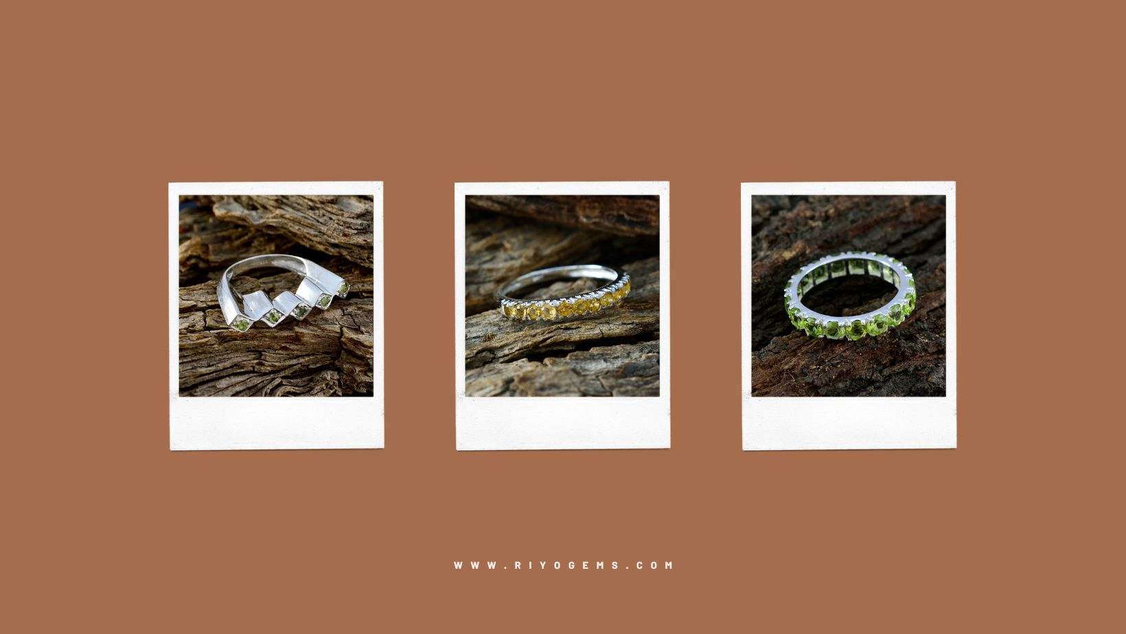 Three elegant silver rings for middle finger displayed on textured wooden background