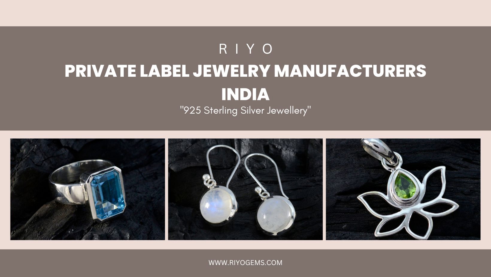 Stylish 925 Sterling Silver Jewelry from private label jewelry manufacturers India showcasing a ring, earrings, and a pendant