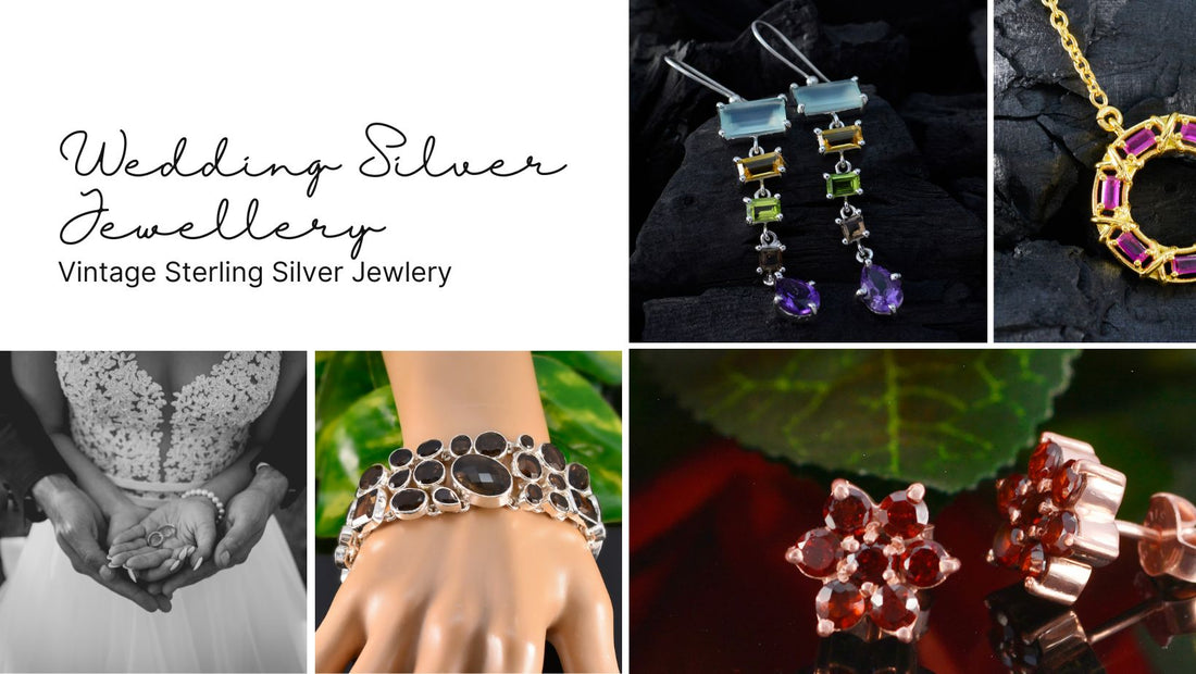 Elegant displays of vintage sterling silver jewelry for weddings, featuring earrings, bracelets, and rings
