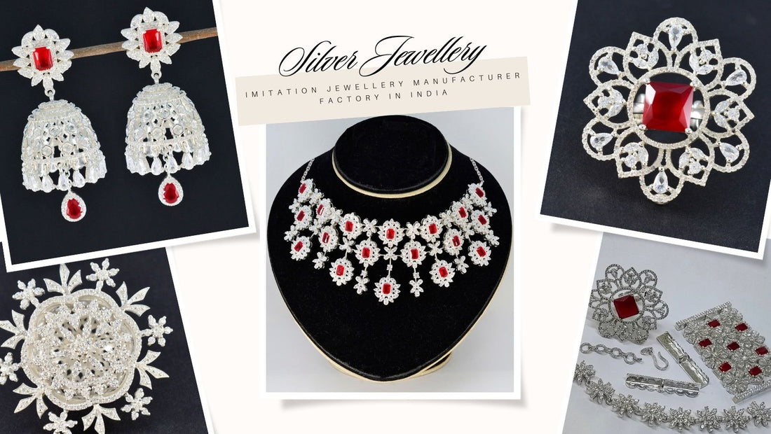 Elegant silver jewellery designs by an imitation jewellery manufacturer India featuring earrings and necklaces
