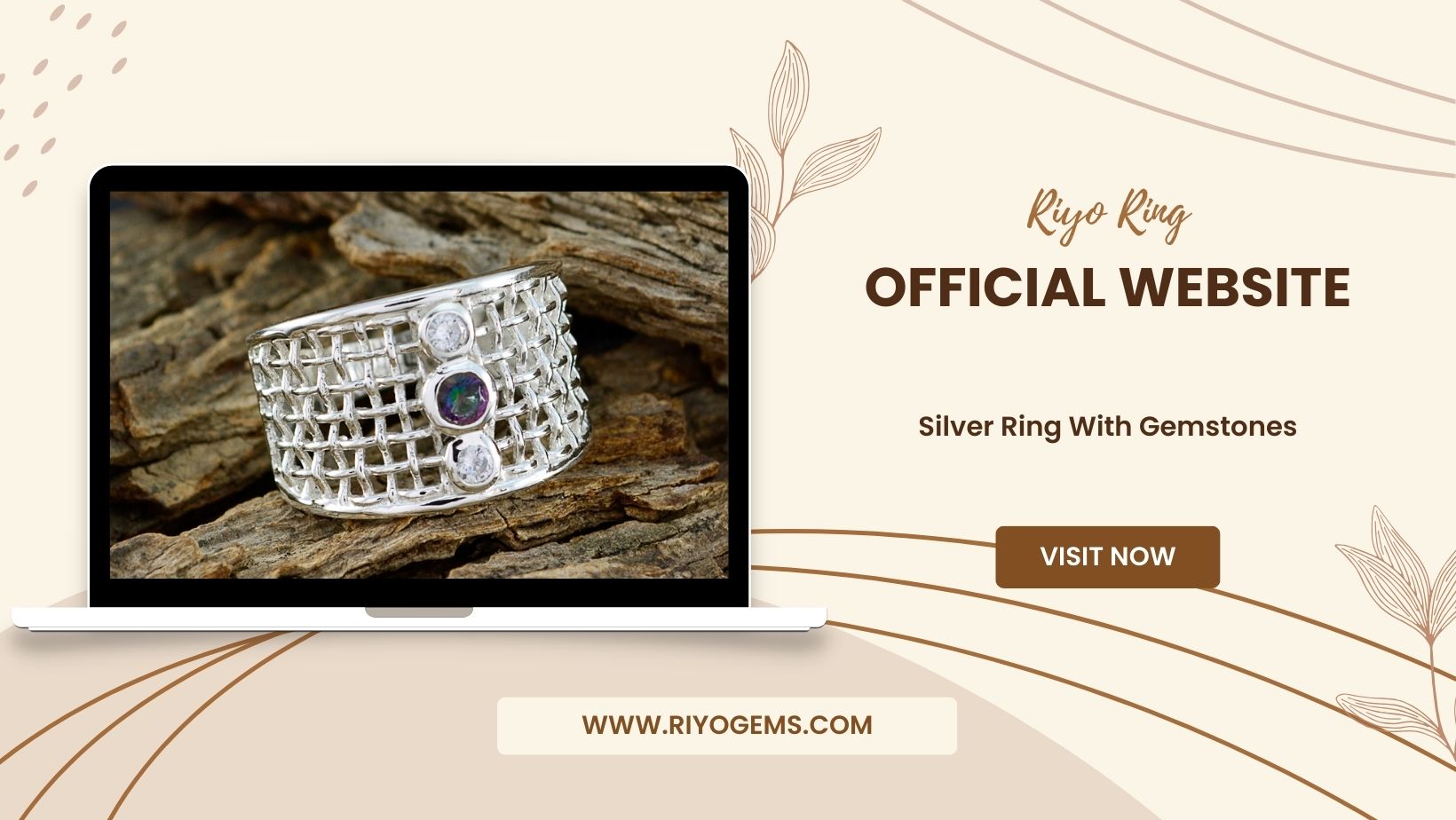 Beautiful Silver Ring With Gemstones displayed on a rustic wooden background