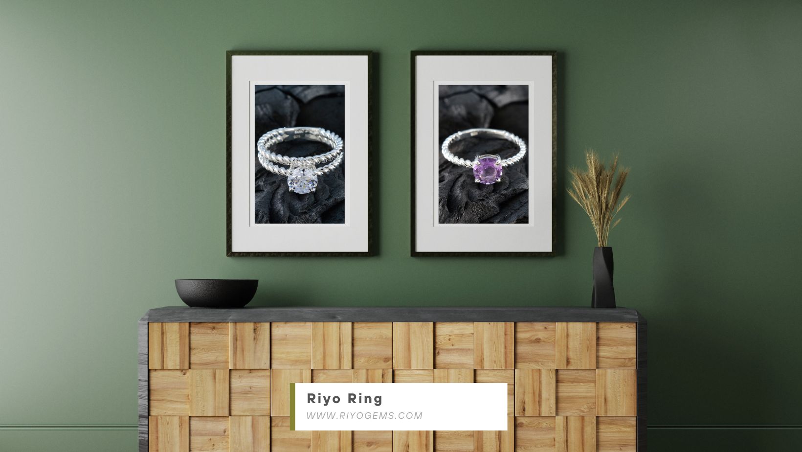 Two framed images of Riyo Rings showcasing designs and detailing when silver turns black
