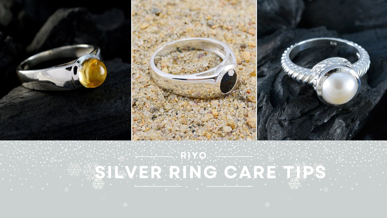 Various silver rings featuring unique stones with silver ring care tips for maintaining shine and quality