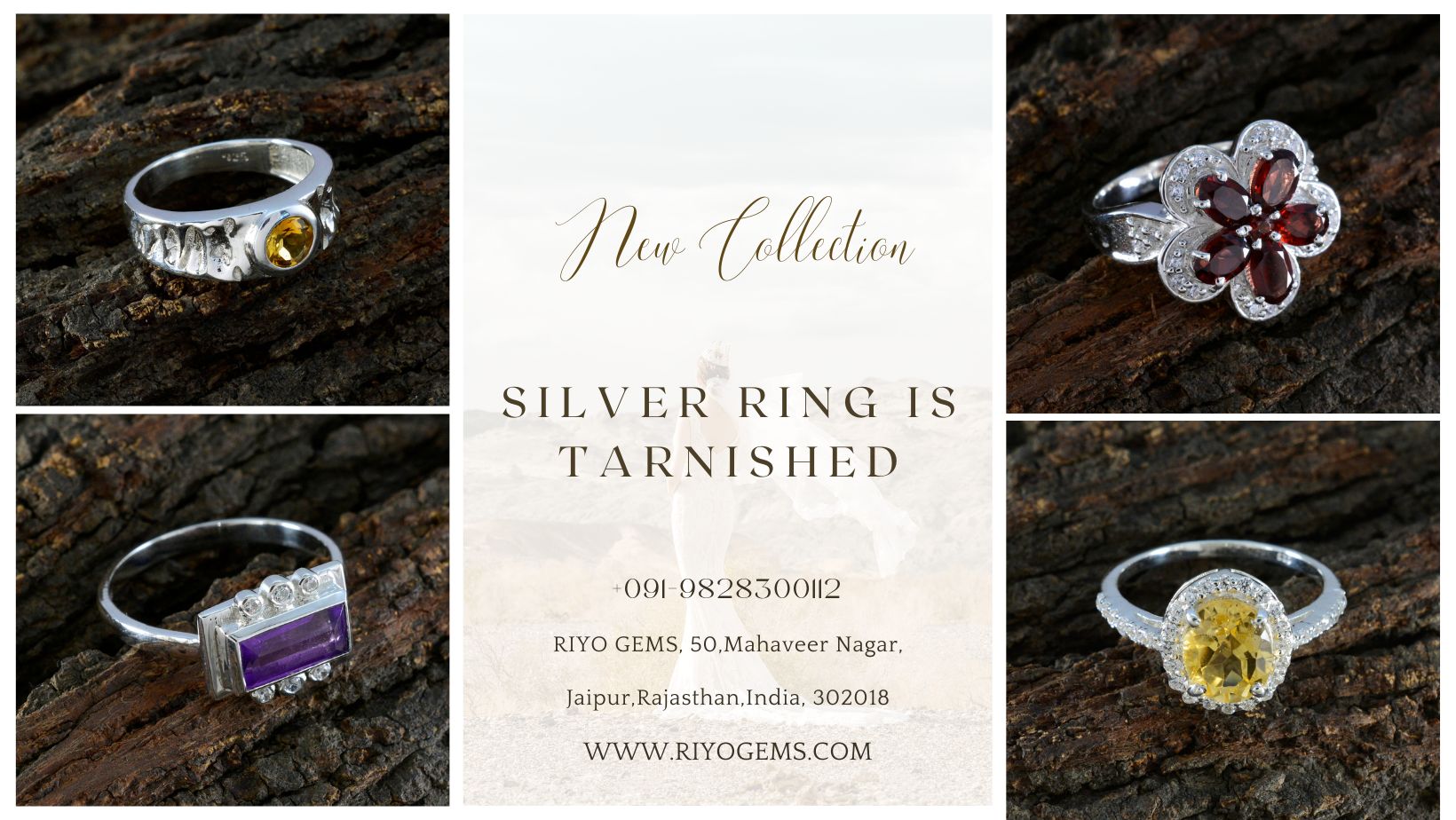 New collection featuring elegant designs, showcasing a silver ring is tarnished with gemstones and unique styles.