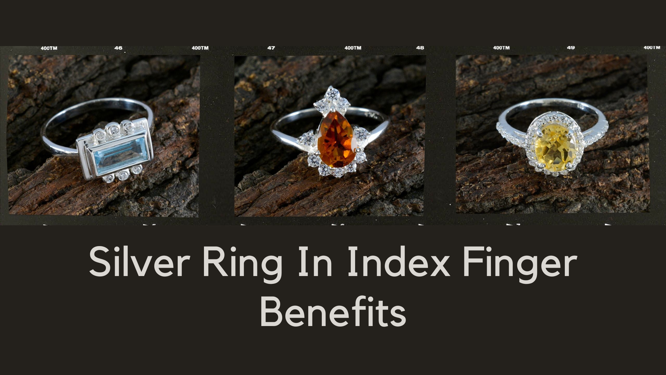 Display of Silver Ring In Index Finger Benefits with three stylish designs on a wooden background