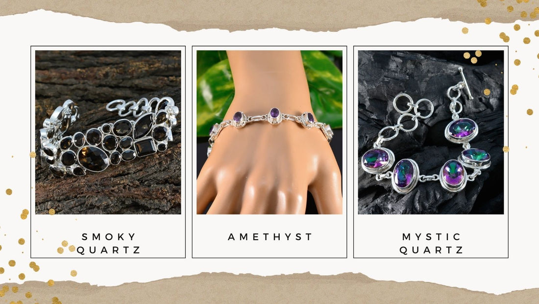 Elegant silver bracelets featuring smoky quartz, amethyst, and mystic quartz for stylish accessory choices where to purchase silver bracelets