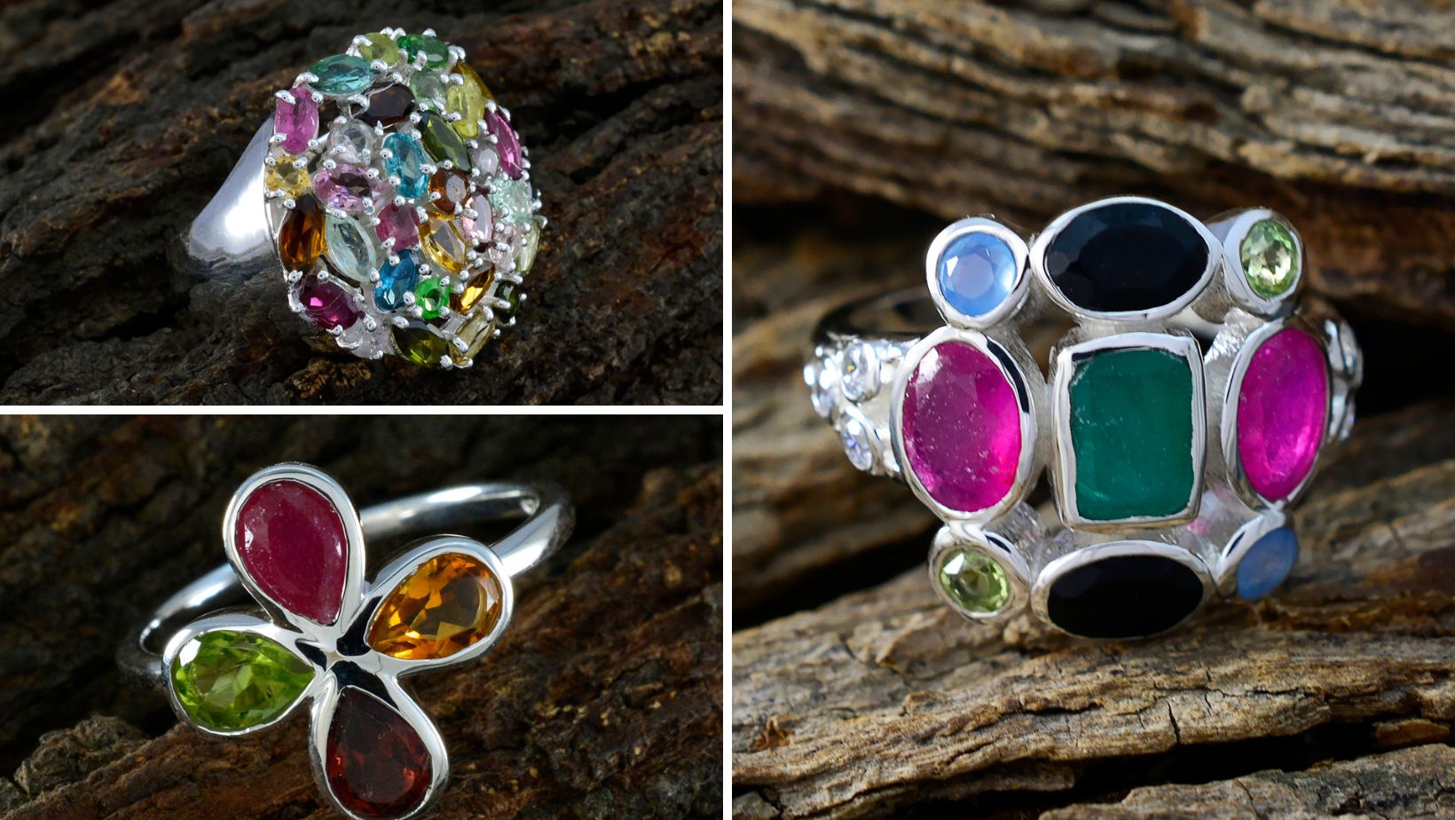 Assorted silver rings including a colorful floral design and a bold silver ring for index finger