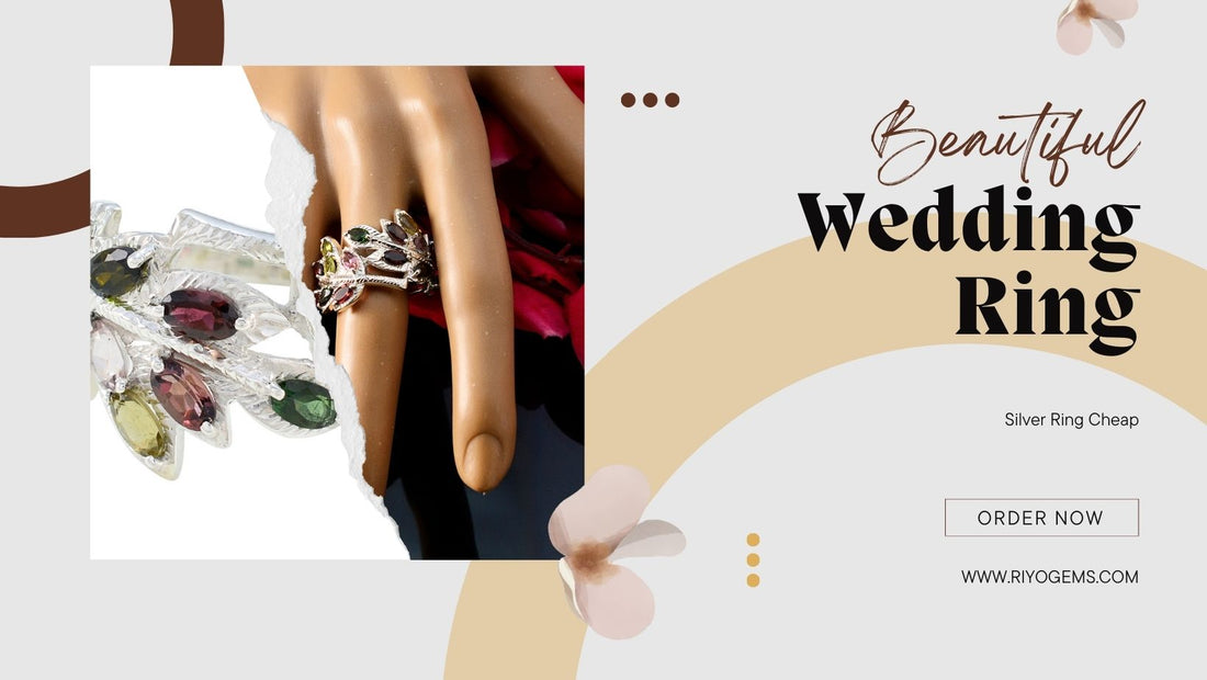 Beautiful wedding ring display featuring a silver ring cheap with colorful gemstones on a stylish hand model
