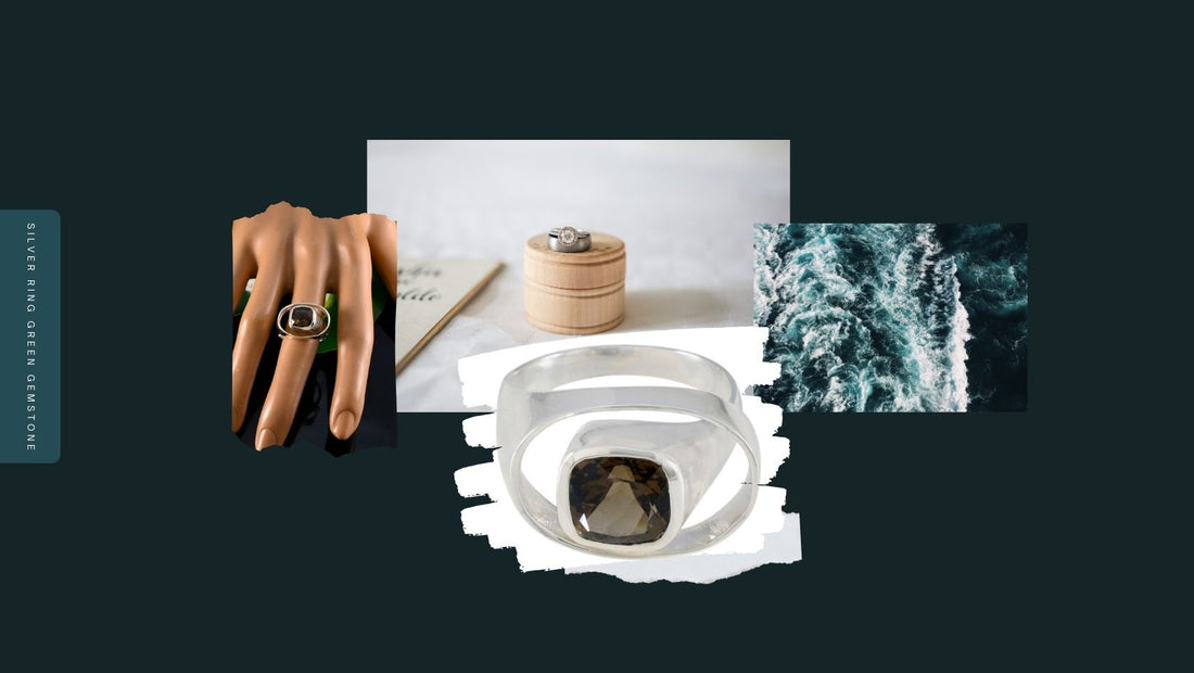 Elegant green gemstone silver ring displayed alongside various jewelry items