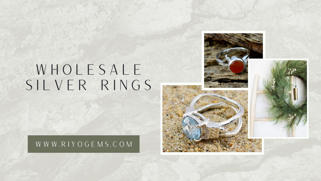 Display of unique Wholesale Silver Rings featuring various designs and gemstones