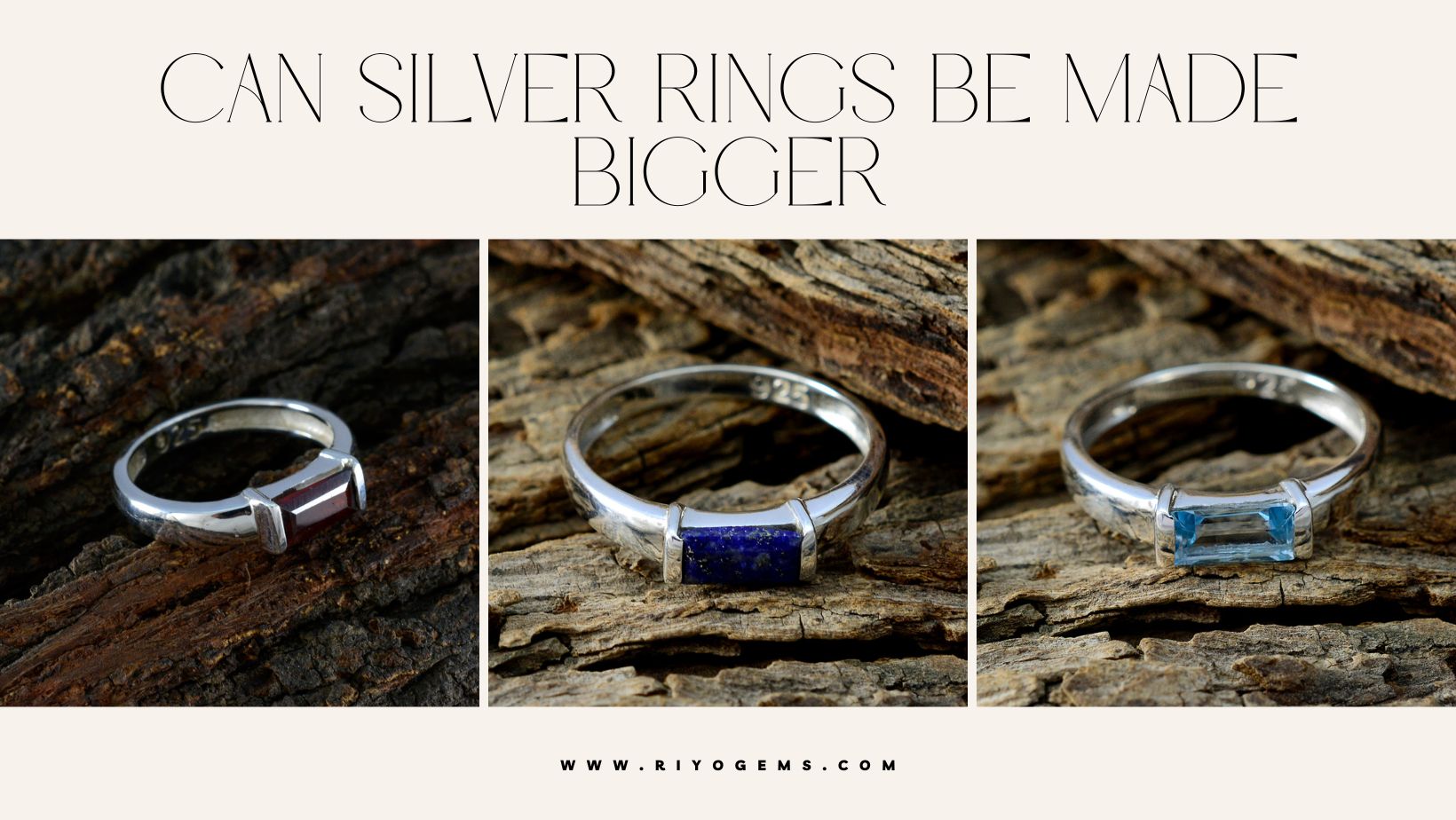 Three elegant silver rings with various gemstones, exploring the question Can Silver Rings Be Made Bigger