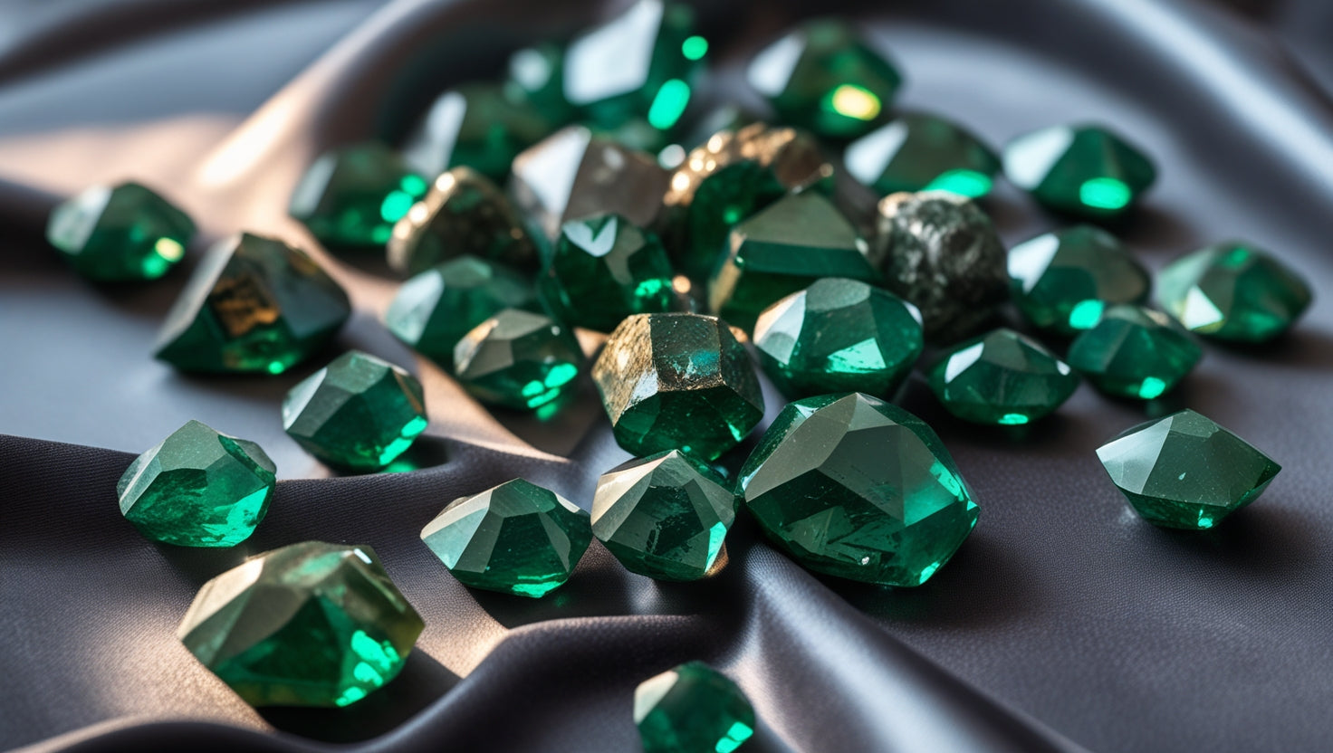 Beautifully cut loose emerald stones displayed on a dark satin fabric for jewelry lovers to buy loose emerald stones