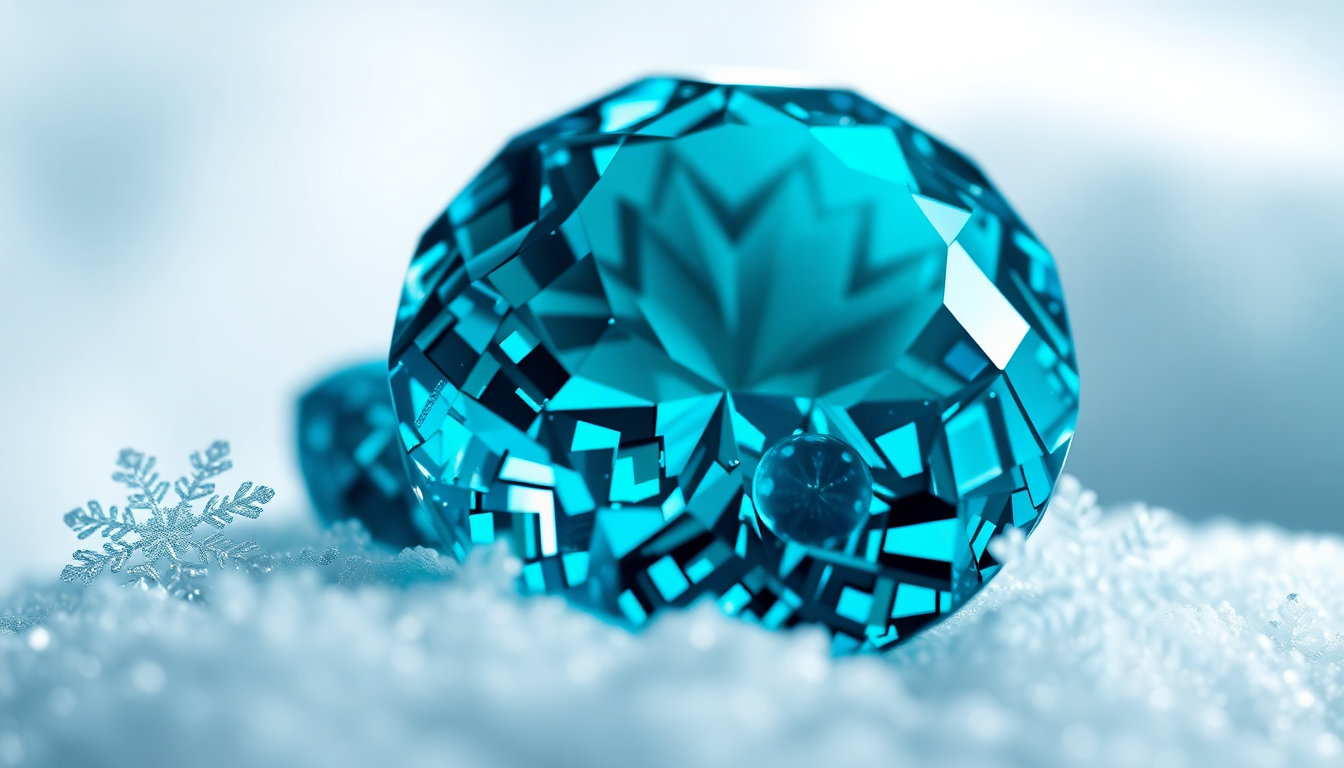 Nahaufnahme eines funkelnden türkisfarbenen Edelsteins, der seine Vorteile und Schönheit auf einem verschneiten Hintergrund hervorhebt